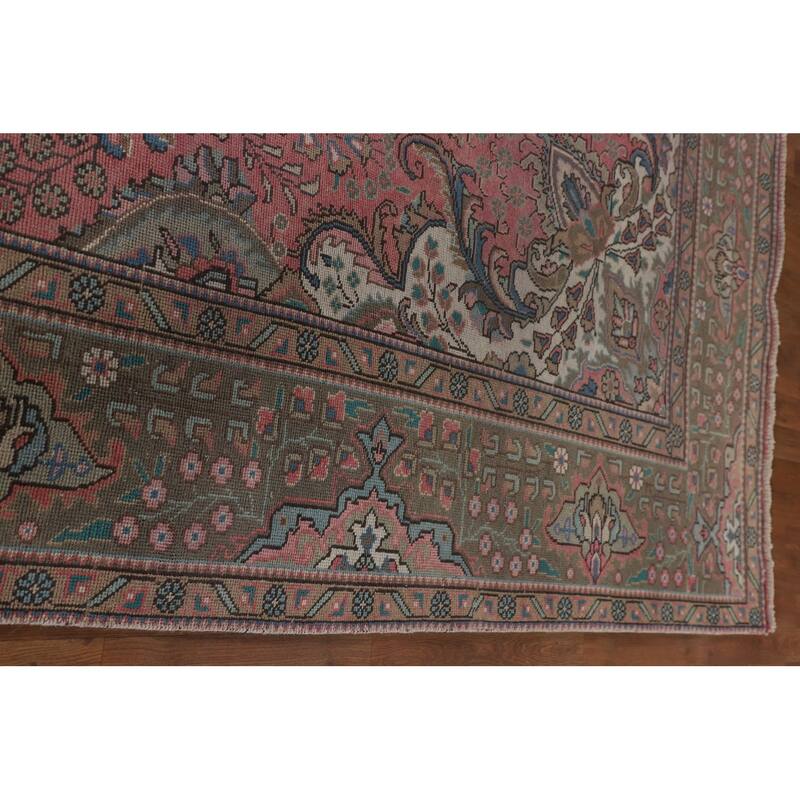 Pink Tabriz Persian Vintage Rug Hand-Knotted Wool Carpet - 9'7"x 12'11"