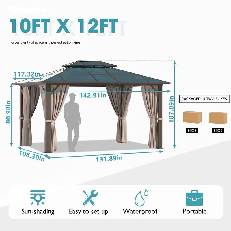 10'x12' Hardtop Gazebo, Outdoor Double Roof Gazebo