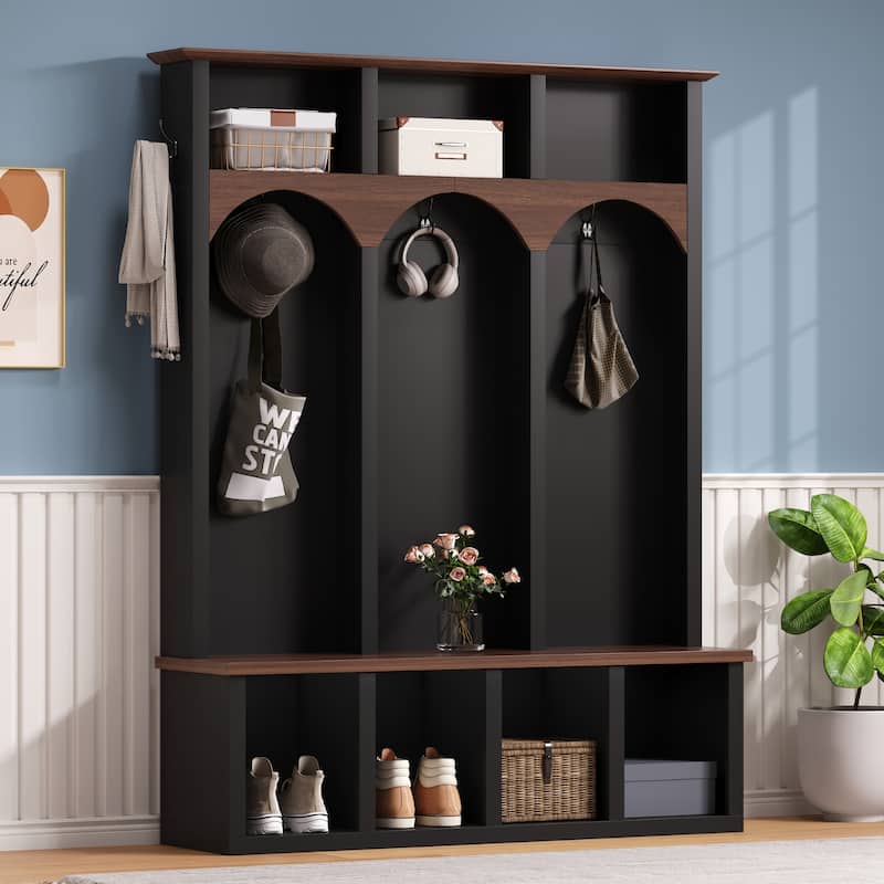 Farmhouse Hall Tree with Storage Bench & Shoe Cabinet, Arched Entryway Organizer with 5 Hooks and 7 Cubbies, Walnut Finish - Black