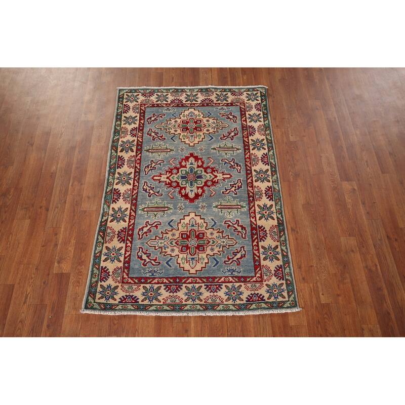 Light Blue Traditional Kazak Foyer Rug Hand-Knotted Wool Carpet - 3'3" x 4'11"