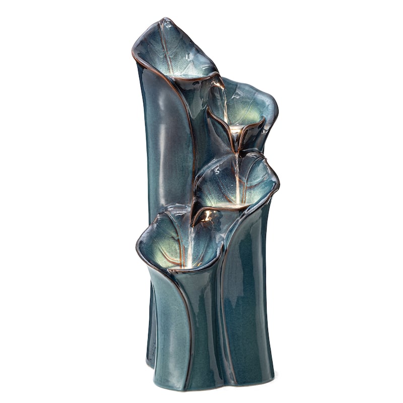 Glitzhome 31.75"H 4-Tier LED Vase-Shaped Ceramic Outdoor Floor Fountain with Birds/ Lotus