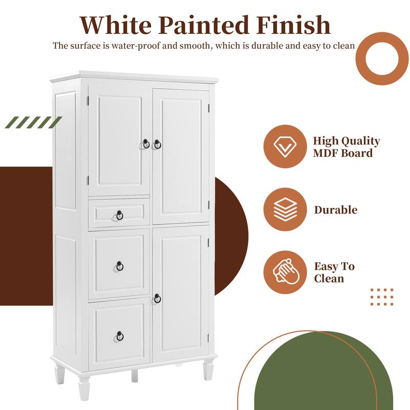 61.7'' Multi-Functional Storage Cabinet with Doors & Drawers, Adjustable Shelves, MDF Solid Wood Frame, White