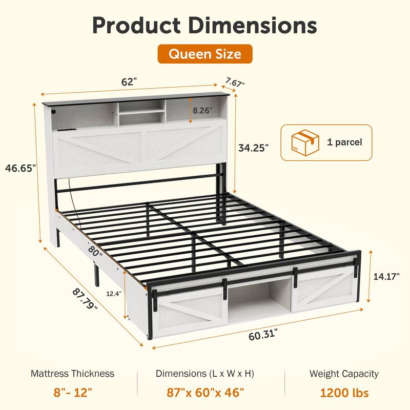 Farmhouse Storage Bed Frame with Storage Headboard, Charging Station and LED Lights, Optional Platform Bed with Drawers
