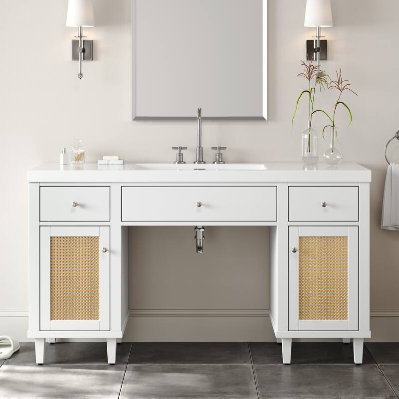 60 Inch Bathroom Vanity with SMC Sink, Modern Spacious Bathroom Storage Cabinet with Soft Close Drawers and Tip-Out Tray - White