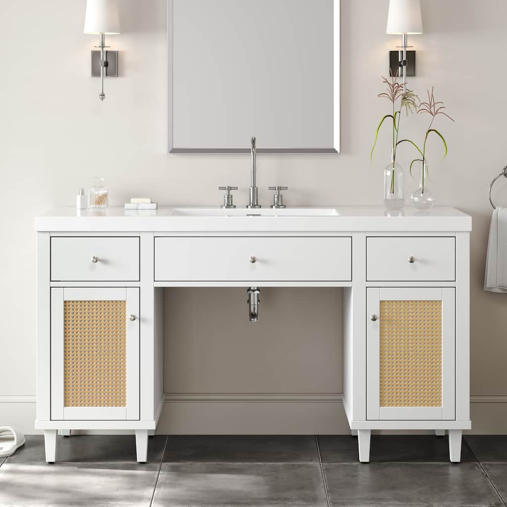 60 Inch Bathroom Vanity with SMC Sink, Modern Spacious Bathroom Storage Cabinet with Soft Close Drawers and Tip-Out Tray
