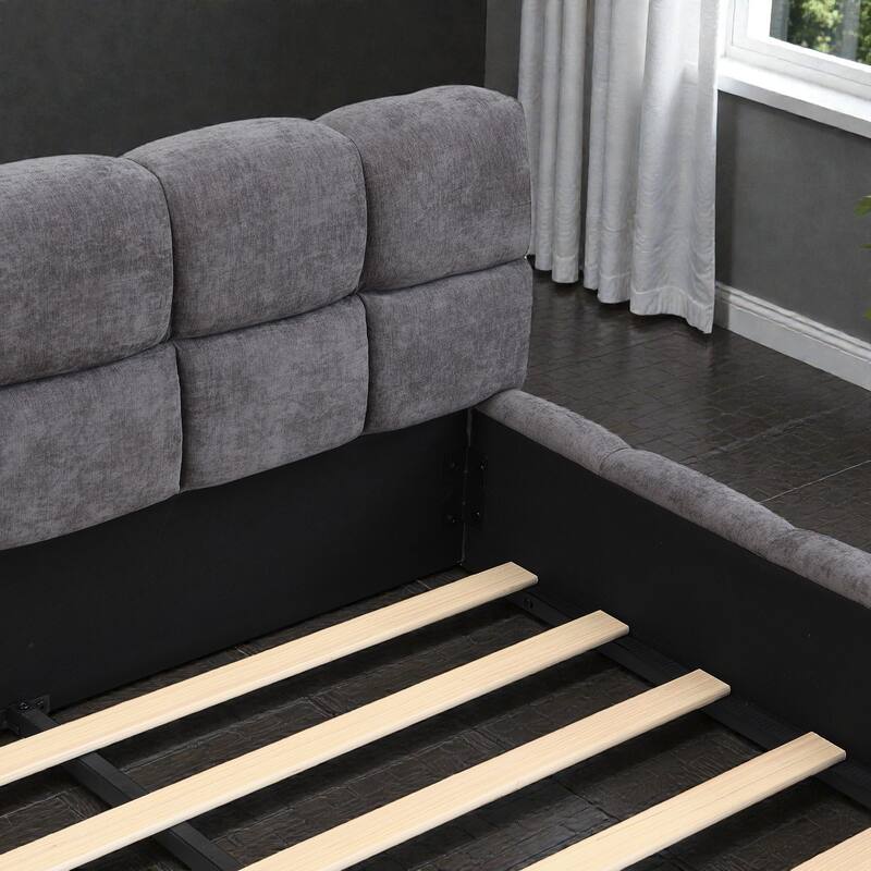 Chenille Upholstered Queen/King Bed with Checkerboard Headboard, Soft Fabric Platform Bed Frame, Modern Elegant Design