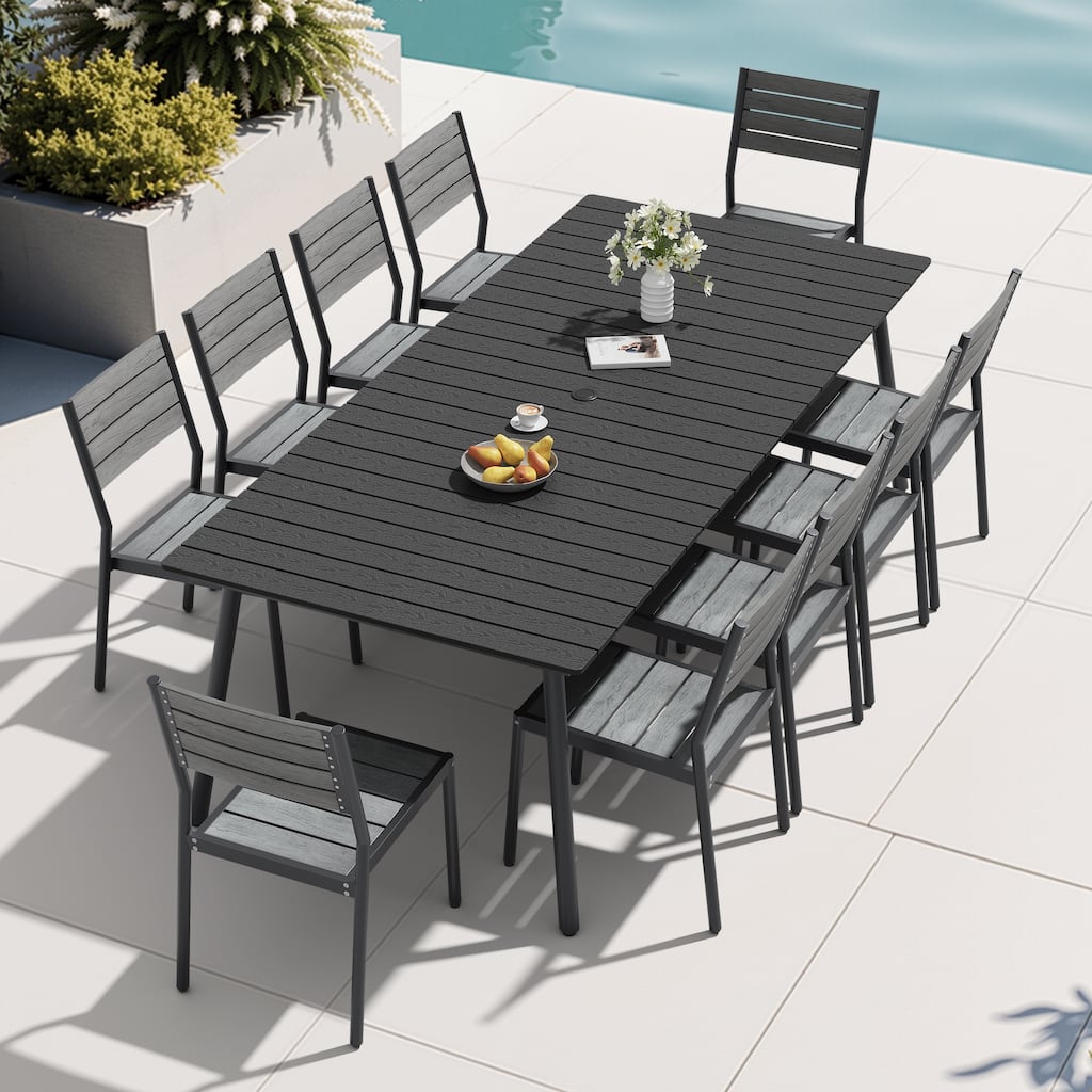 11-piece Outdoor Patio Aluminum Rectangle Dining Set with Umbrella Hole