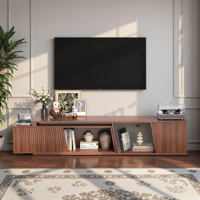 Meyreso Modern Extendable TV Stand with Drawers, Adjustable 71-106 Inch Media Console - Walnut - Extendable