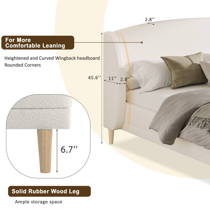 King Size Upholstered Platform Bed with Wingback Headboard, Boucle Fabric, White
