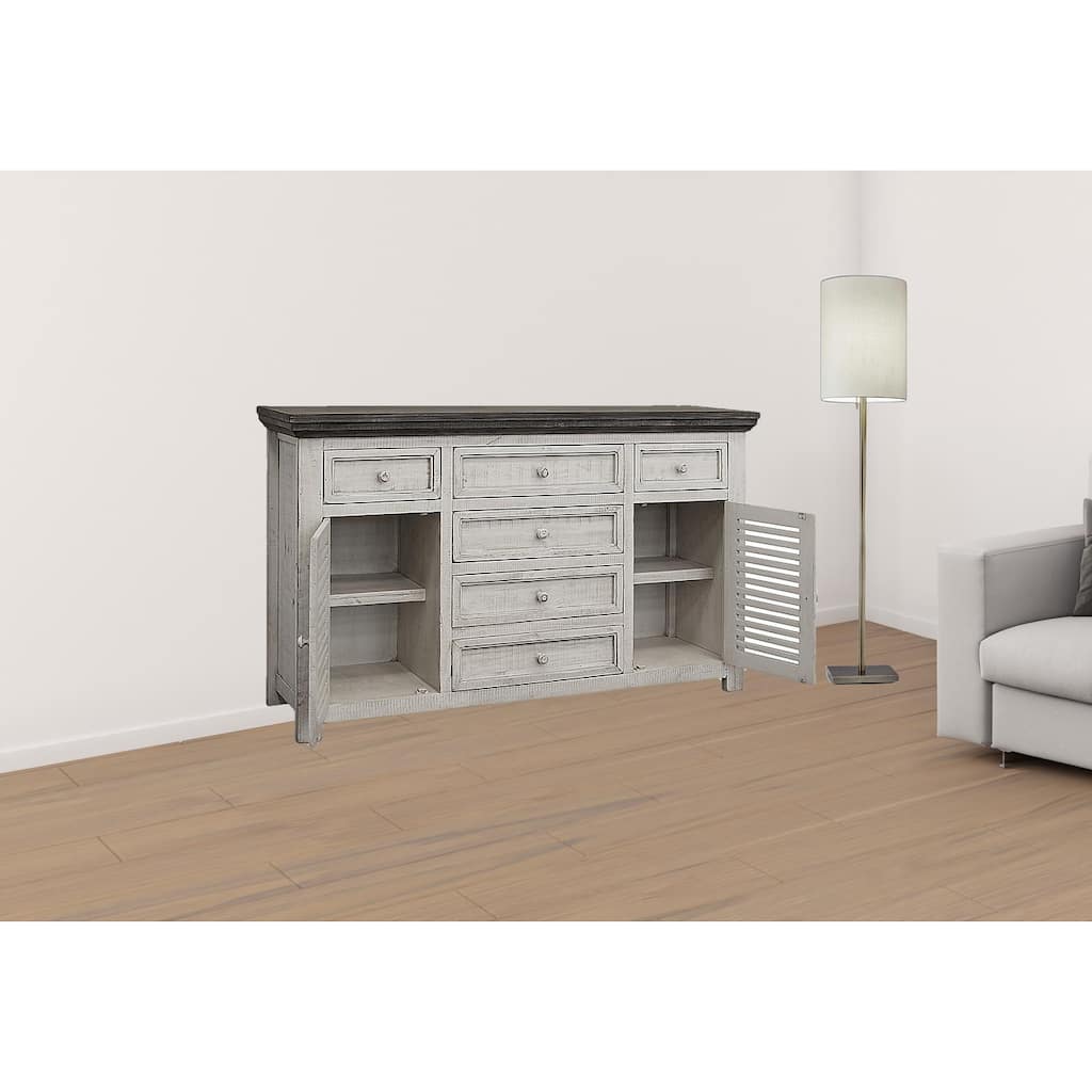 HomeRoots 70" Antiqued White Solid and Manufactured Wood Distressed Buffet Table - 69.75 in. x 42.50 in. x 19.00 in.