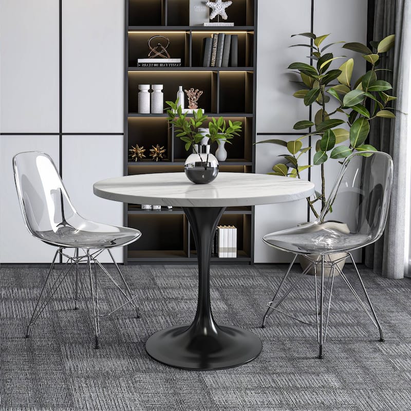 LeisureMod Verve Modern Round Dining Table with Resin TableTop and Black Pedestal Base for Kitchen & Dining Room