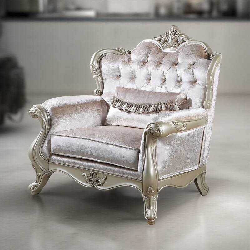 Kerra Accent Chair with Classic Gold Ornate Carvings, Beige Velveteen