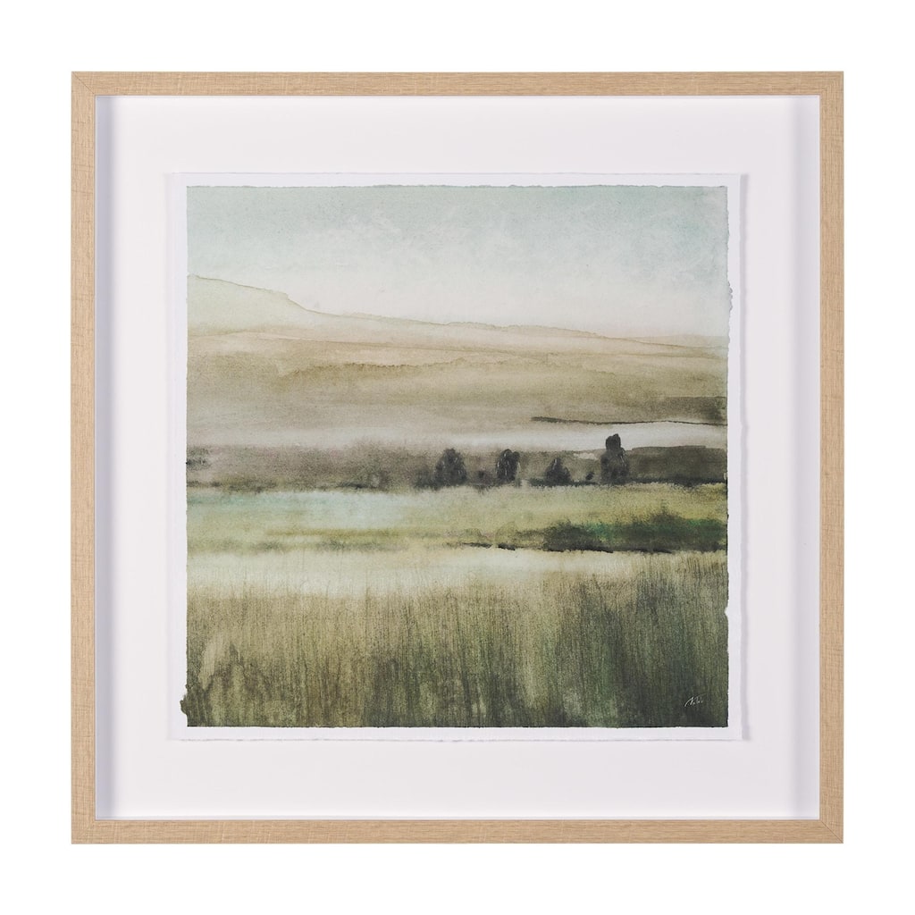 Rolling Fields II Hand Embellished Brown Framed Watercolor Art Print on Paper Mounted with Backing