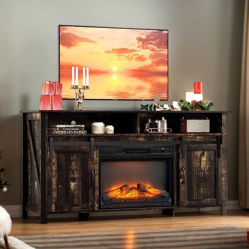 Farmhouse 59.5'' TV Stand For Tvs Up To 70'' With Electric Fireplace and Adjustable Shelves