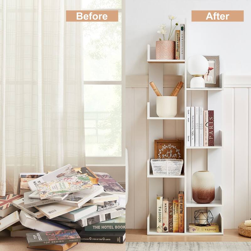 Wooden Tree Bookcase with 8 Book Shelves Freestanding Room Dividers, Floor Standing Storage Rack, Display Shelf