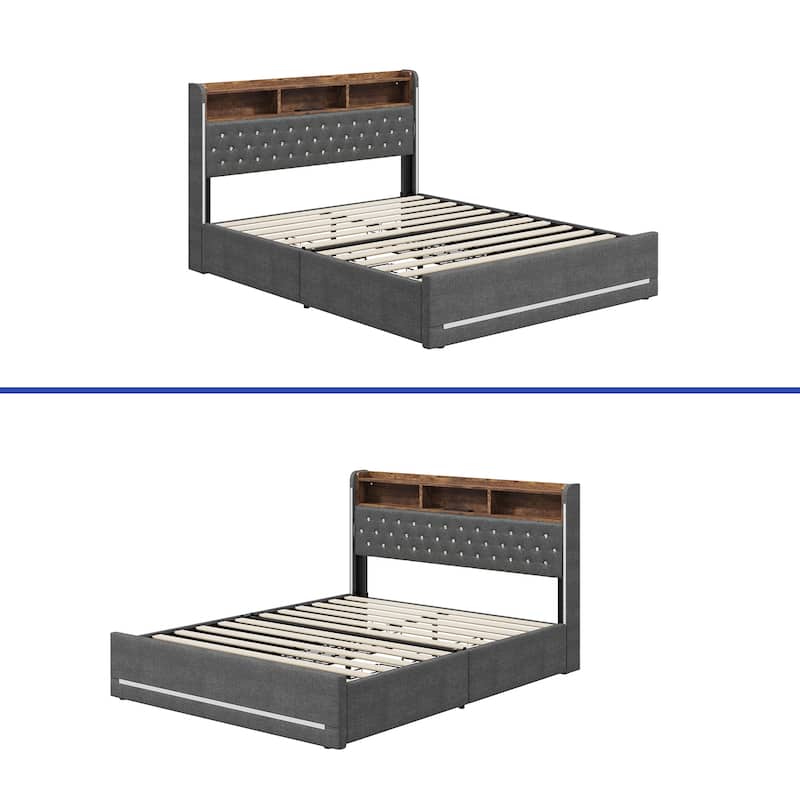 Moasis Queen Size Linen Bed Frame LED Upholstered Platform Bed Frame