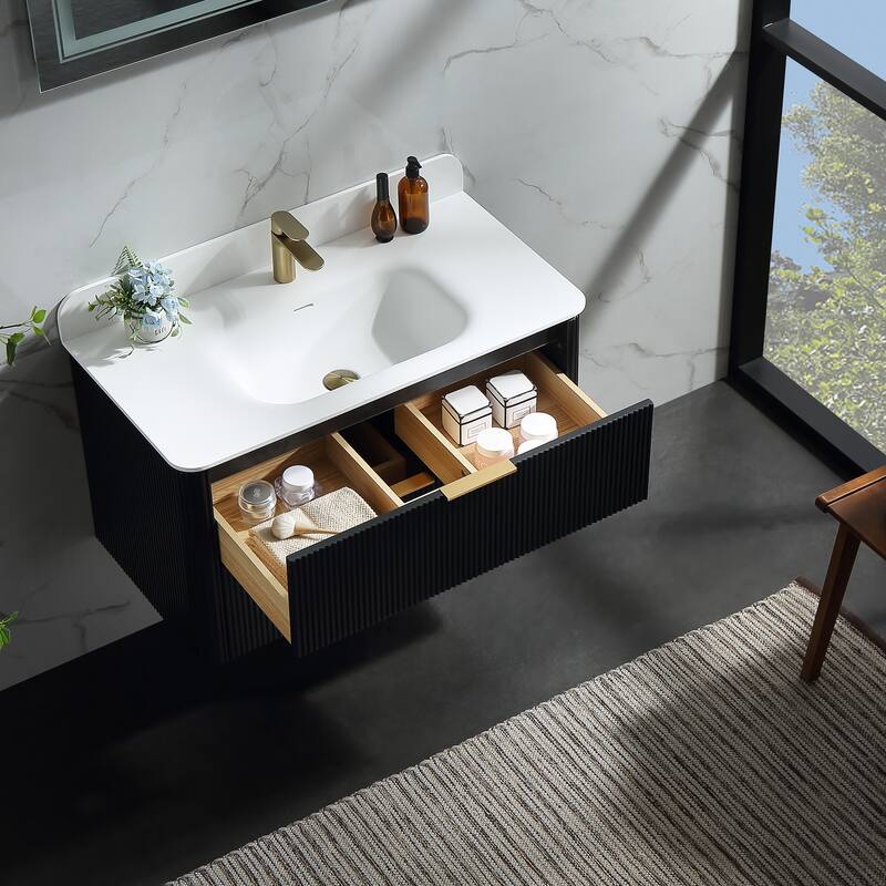 Modland Fluted Floating Vanity with Sink, Plywood Wall Mount Cabinet, Curved Edge, 24/30/36 Inch