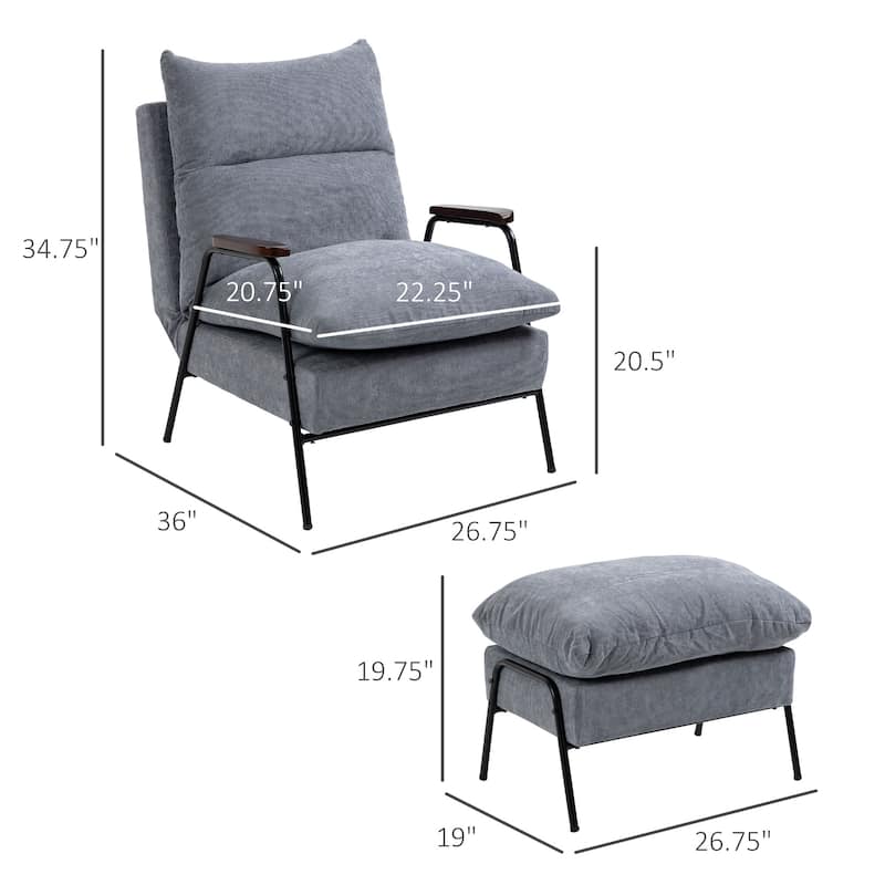 HOMCOM Accent Chair with Ottoman, Reclining Comfy Chair with Adjustable Backrest, Steel Frame and Pillow, Light Grey