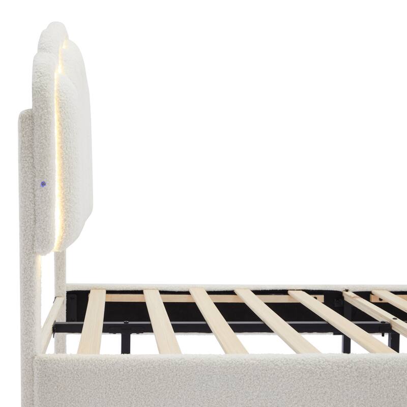 White Twin Size Sherpa Fabric Upholstered Platform Bed with Floral Headboard and Wooden Slats