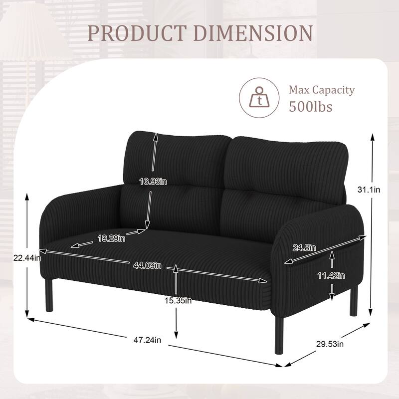 HOMEFUN Corduroy Upholstered Tufted Comfortable Wood Frame Loveseats Sofa with Double Side Pocket