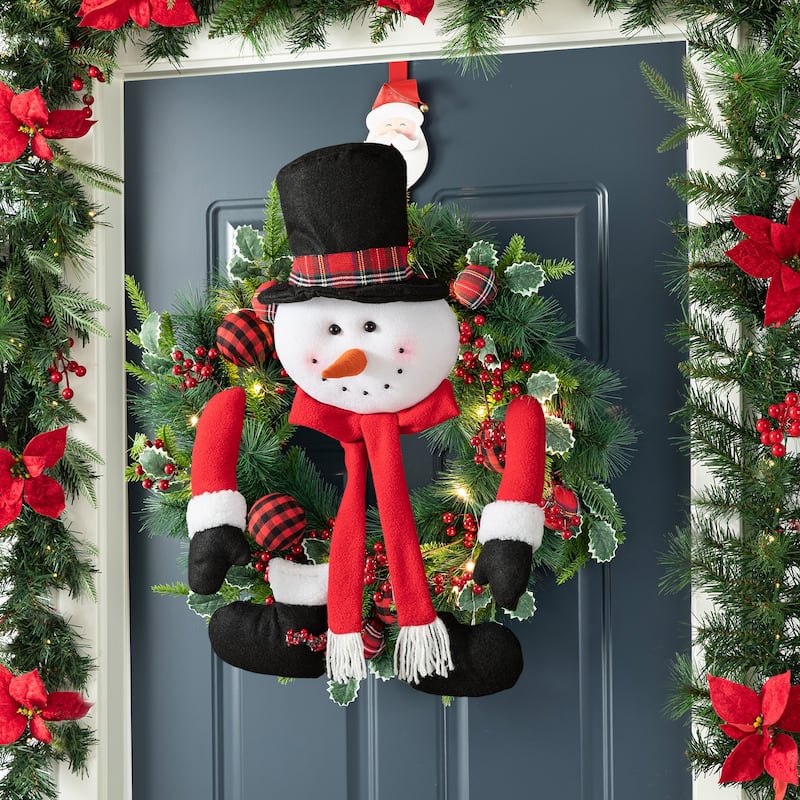 Glitzhome 24"D Christmas Pinecone Berry Wreath with Fabric Santa or Snowman Ornaments - LED Balls Wreath with Snowman