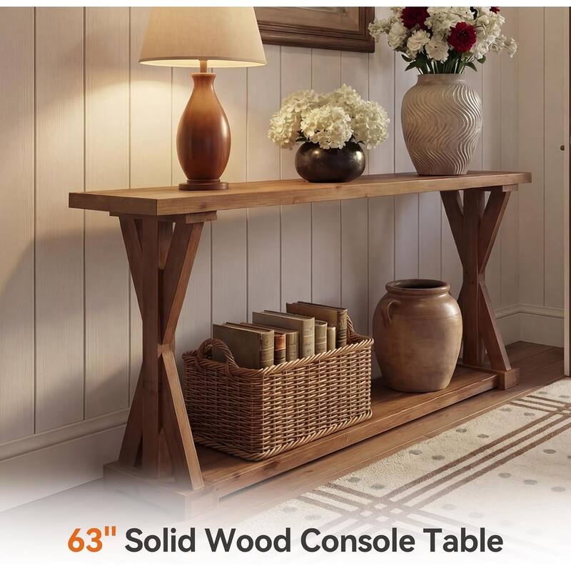 Solid Wood Console Table for Entryway, 63-Inch Narrow Sofa Table Behind Couch - 62.99" L × 11.81" W × 31.89" H