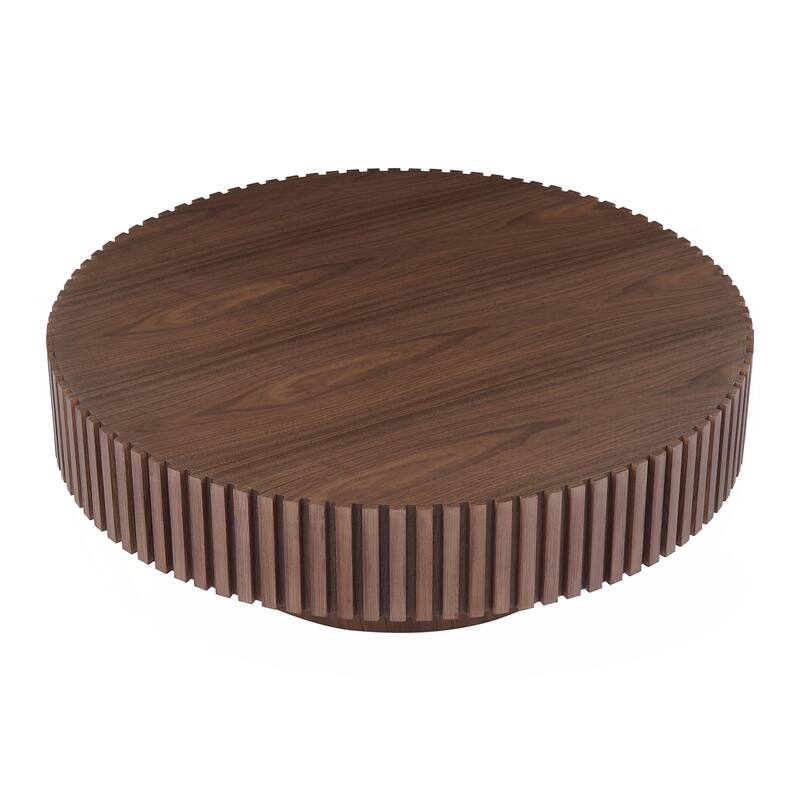 Round Wood Coffee table for Apartment, Modern Living Room Coffee Table with Sturdy Pedestal - Walnut