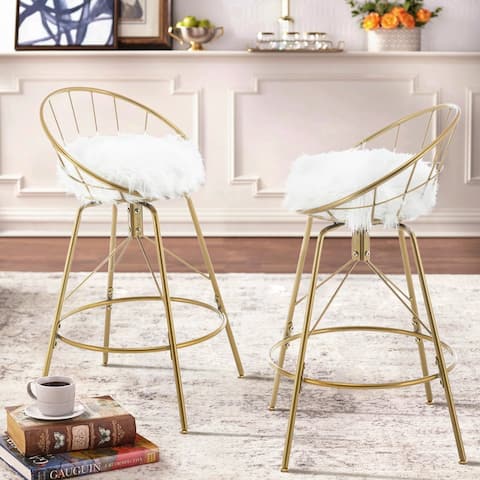 Swivel Bar Stools with with Removable White Faux Fur Metal Counter Bar Chairs Set of 2 24", White Fur Upholstered Seat