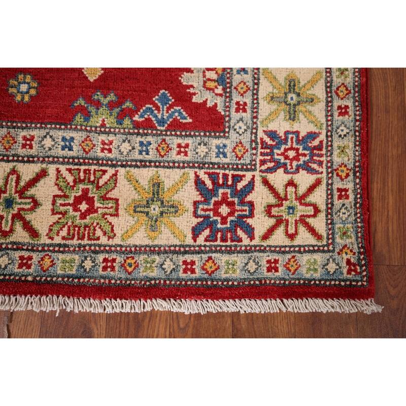 Red Traditional Geometric Kazak Accent Rug Hand-Knotted Wool Carpet - 3'1" x 5'0"