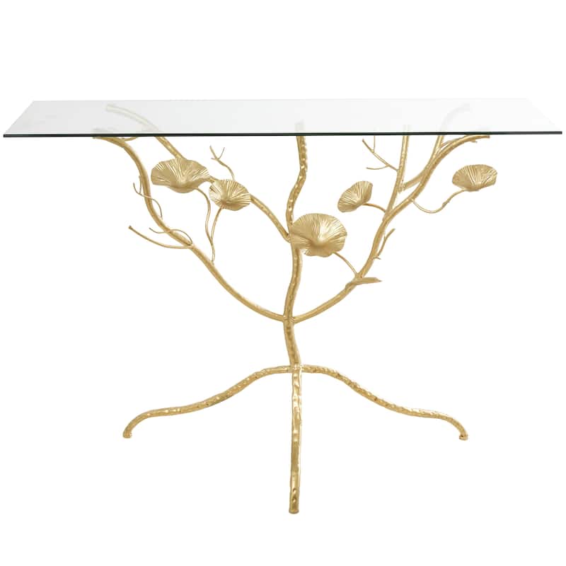 Metal Floral Branch Console Table with Tempered Glass Tabletop - Gold - Roche River Decor