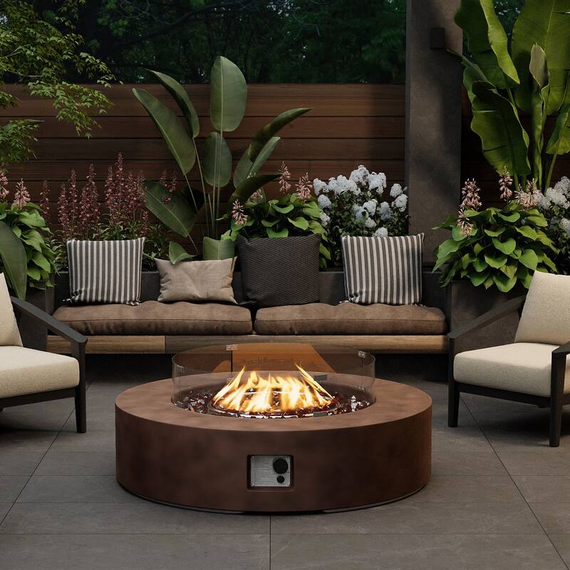 SUNBURY 42''Round Propane Fire Pit w Wind Guard and Fire Glass - Brown+Red Fire Glass
