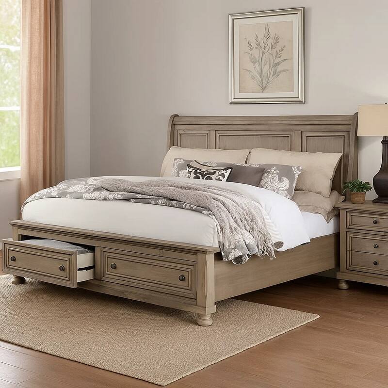 Ava Queen Bed with Footboard Storage and Bun Feet, Gray Solid Wood