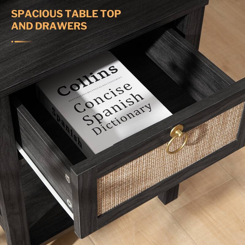 SICOTAS Farmhouse 1-Drawer Rattan Nightstand