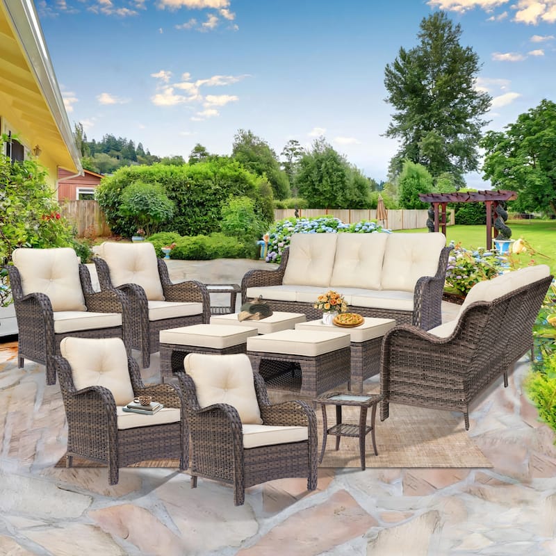 Wicker Outdoor Patio Conversation Deep Seating Sofa Sets with Cushions - 12 Piece - Beige