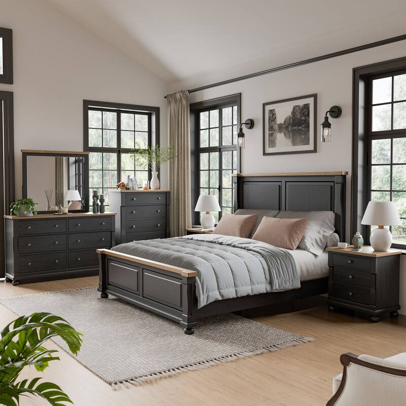 Furniture of America Lucan II 6-Piece Farmhouse Black Solid Wood Panel Bedroom Set - Queen