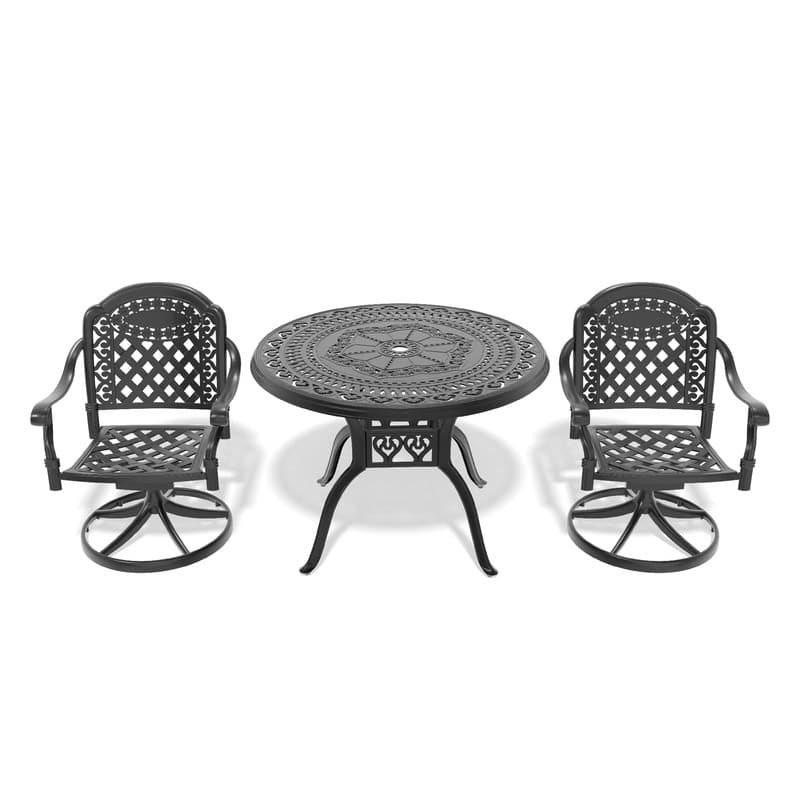3-Piece Aluminum Round Outdoor Patio Dining Set, 2 Cushioned Swivel Chairs, Table, All-Weather Frames