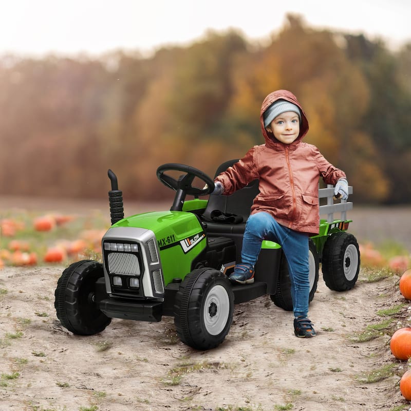 Aosom 12V Ride on Tractor with Trailer, 25W Dual Motors, Battery Powered Electric Tractor with Remote Control - Green