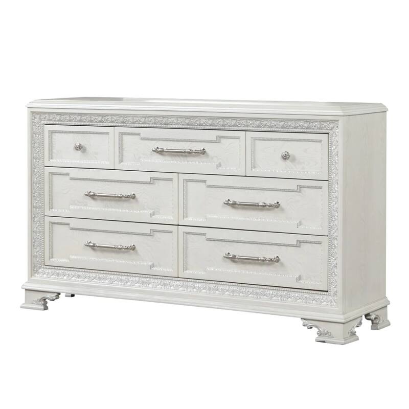 Miamy Wide Dresser, 7 Drawers w Jewelry Tray, Creamy White Pine Wood