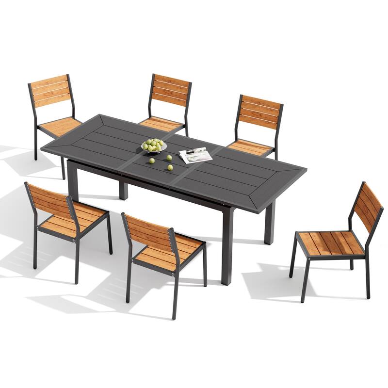 7PC Pellebant Outdoor Patio Aluminum Expandable Dining Table WPC Top with Stackable Chairs
