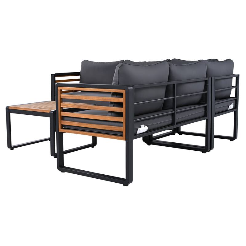 4-Pieces Outdoor Iron L-Shaped Sectional Sofa Set with Coffee Table and Soft Cushion