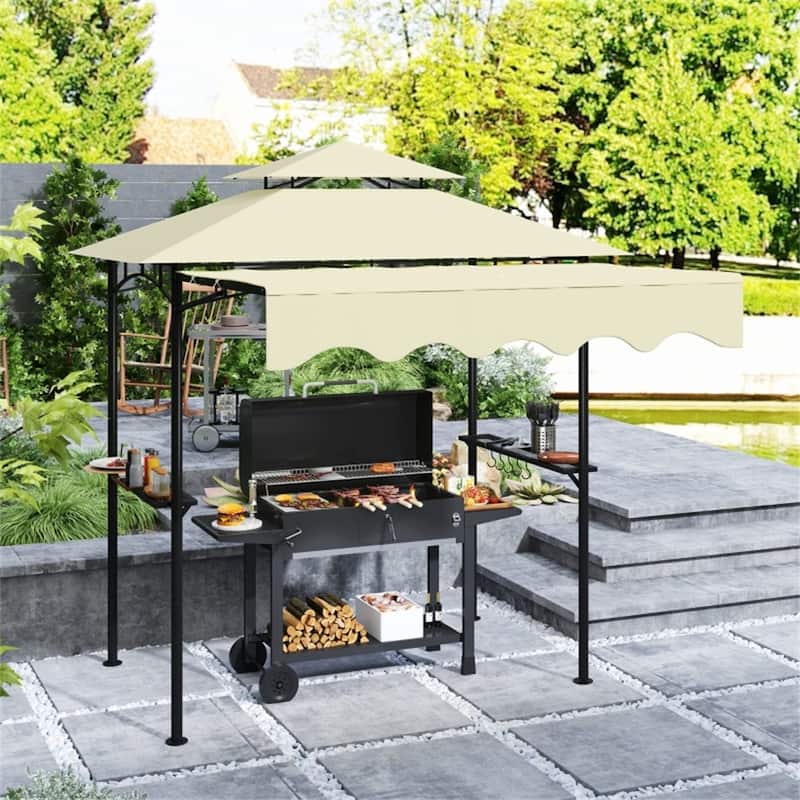 Brown Grill Gazebo with Powder-Coated Metal Frame Adjustable Awning Double Top PA-Coated Polyester Canopy Side Shelves