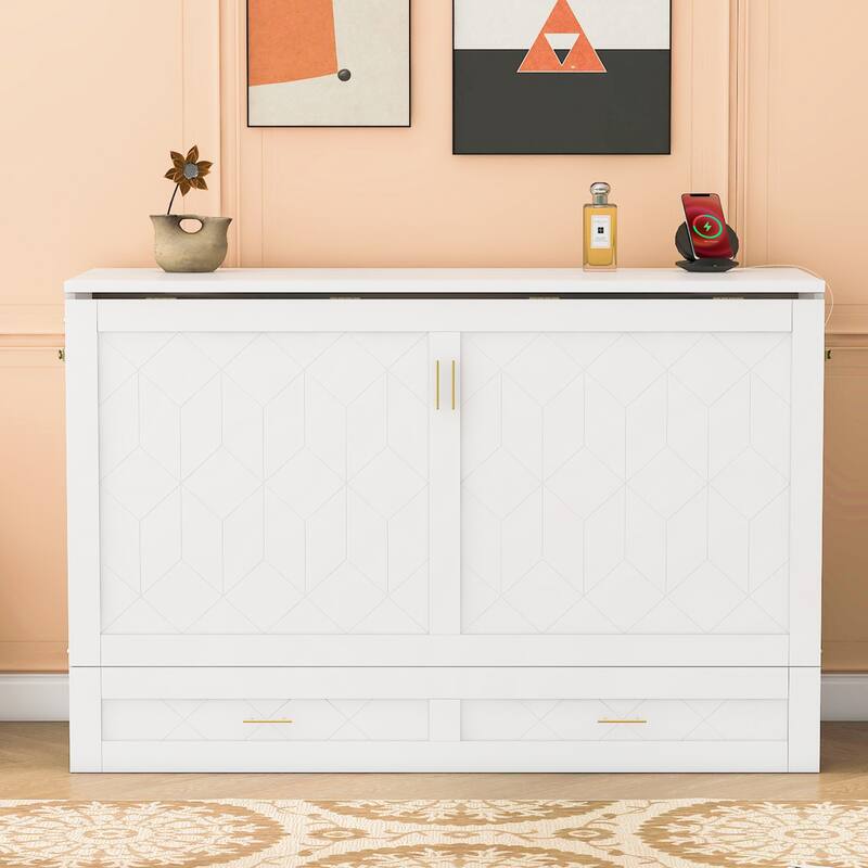 Full/Queen Size Murphy Wall Bed with Drawers, USB Ports, and Pulley Structure Design for Bedroom, Guest Rooms, Space-Saving