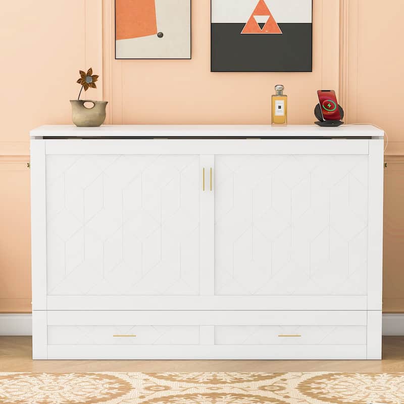 Queen Size Murphy Bed with Pulley System, Storage Drawer, USB Ports, and Sockets, Space-Saving - Full White - Full
