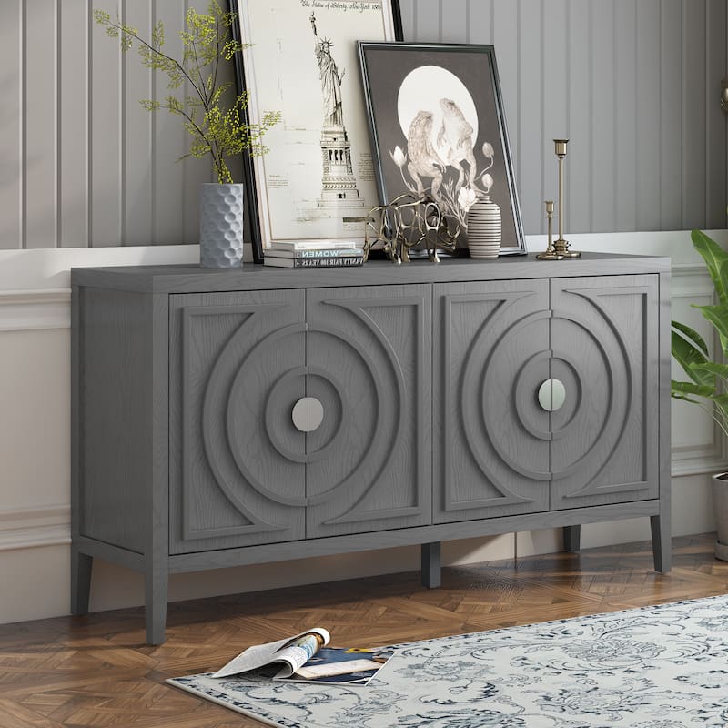 Vintage Distressed Finish Sideboard with Round Metal Handles and Large Storage Capacity - Gray
