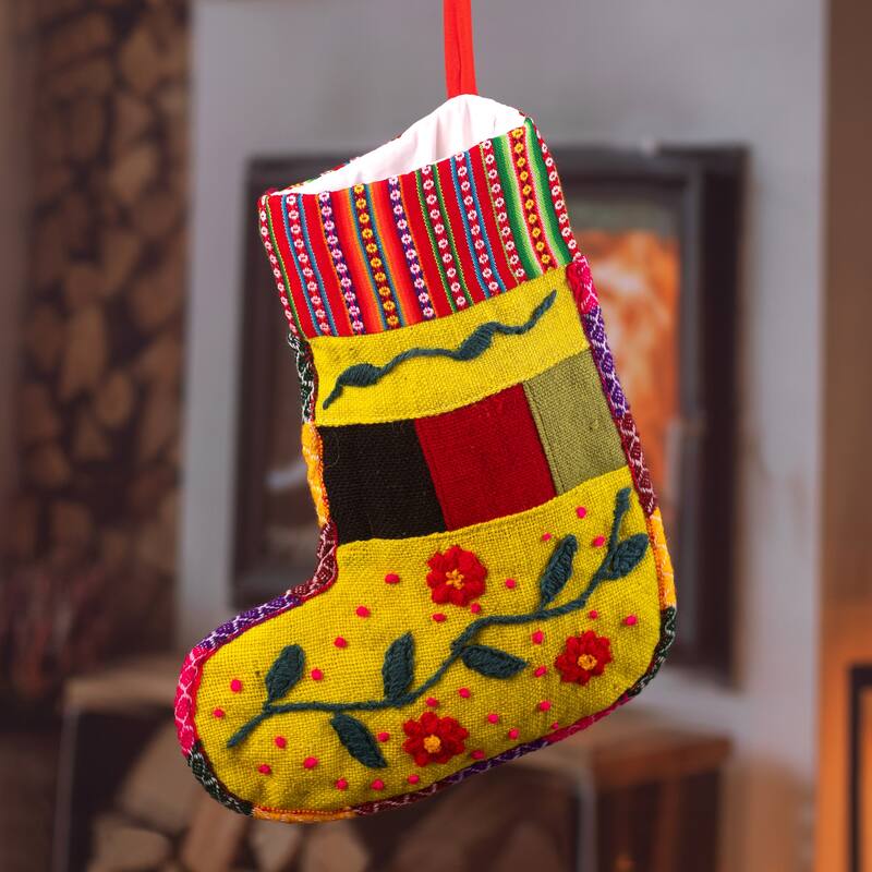 Novica Handmade Christmas Flora Embroidered Christmas Stocking