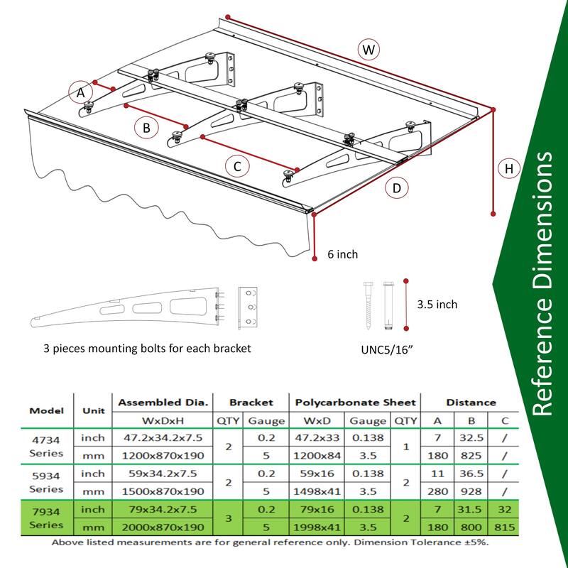 Series Door Window Awning Canopy Made of 0.137" Thick Crystal Solid Polycarbonate Sheet and Aluminum Alloy with Valance