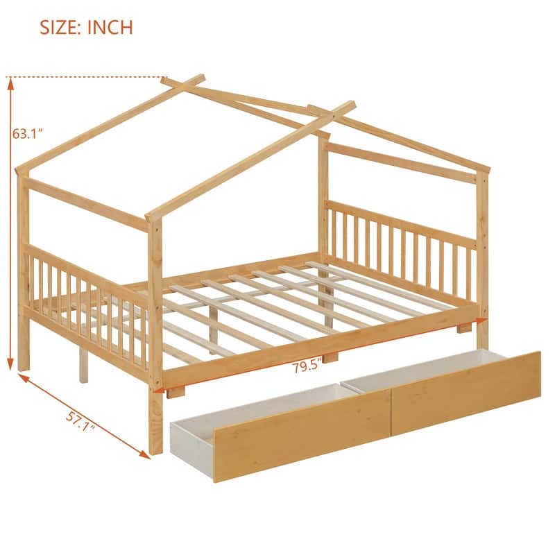 Full Size Wooden House Bed with Two Drawers