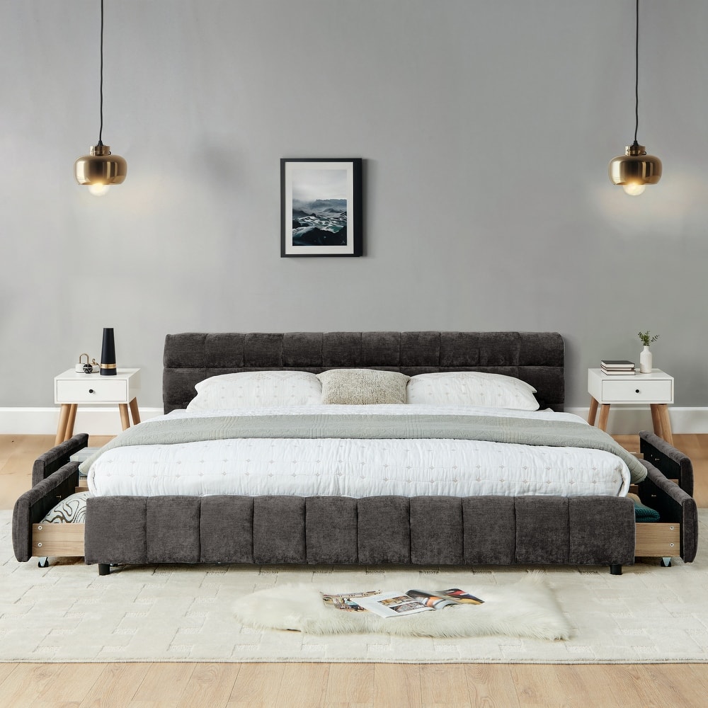 California King Size Bed Frame with 4 Storage Drawers and Headboard Chenille Upholstered Platform Bed Frame with Wooden Slats