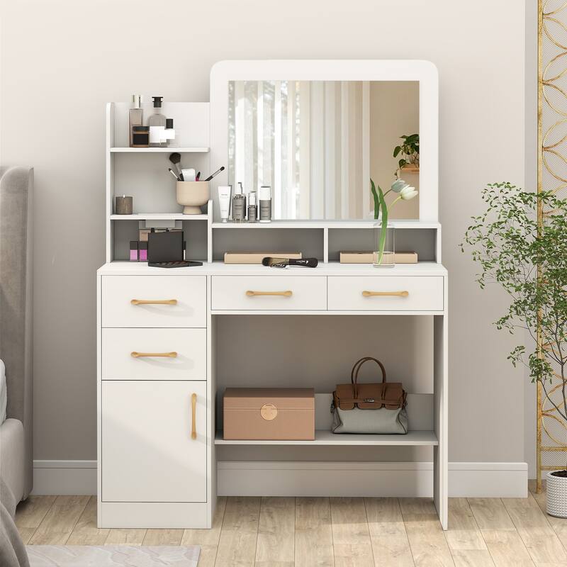 Gymax 39.5'' Modern Makeup Table Vanity Desk w/ Power Outlets & Open