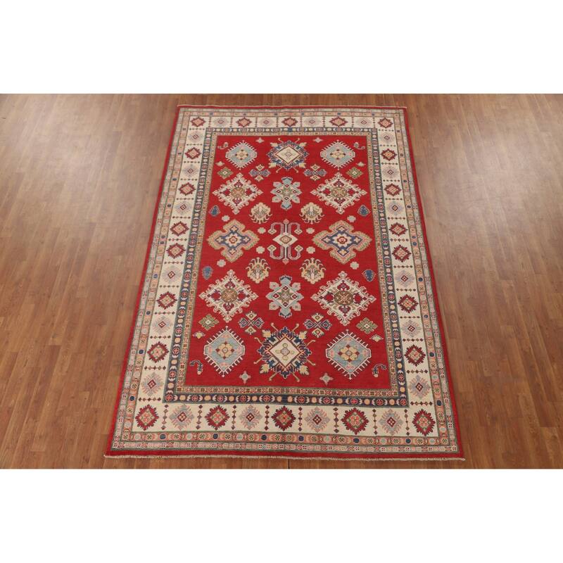 Red Geometric Kazak Living Room Area Rug Handmade Wool Carpet - 6'7" x 9'11"
